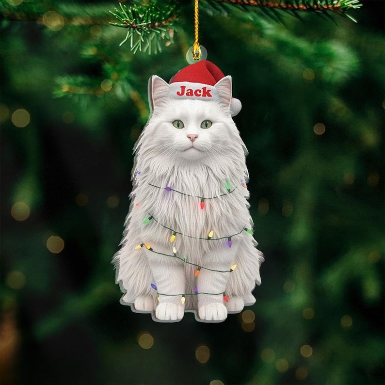 Personalized Fluffy White Cat Christmas Ornament, Custom Pet's Name with Santa Hat Ornament, Unique Long Hair Cat Lover Gift, Xmas Decor