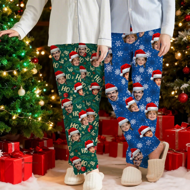 Custom Face Christmas Pajama Pants, Personalized Family Gift Custom Pet Face Photo Couple Pajama Pants,Birthday Gift Family Christmas Matching Outfit
