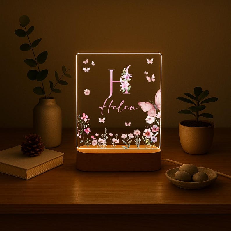 Personalized Name Night Light, Butterfly Flower LED Lamp, Custom Acrylic Light with Wooden Base, Gift for Her, Bedroom Decor