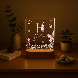 Personalized Name Night Light, Butterfly Flower LED Lamp, Custom Acrylic Light with Wooden Base, Gift for Her, Bedroom Decor