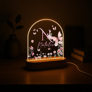 Personalized Name Night Light, Butterfly Flower LED Lamp, Custom Acrylic Light with Wooden Base, Gift for Her, Bedroom Decor