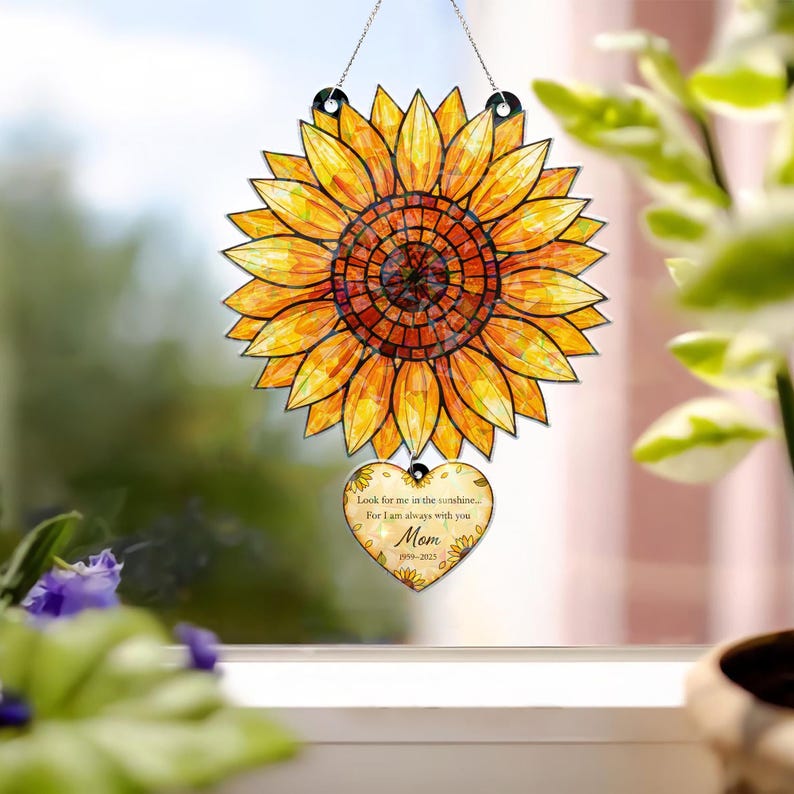 Sunflower Acrylic Suncatcher, Custom Mom Memorial Window Hanging with Heart Charm
