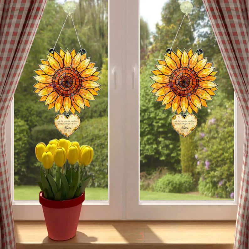 Sunflower Acrylic Suncatcher, Custom Mom Memorial Window Hanging with Heart Charm