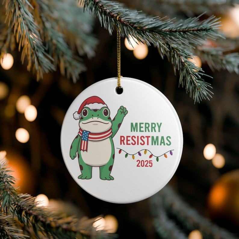 Merry Resistmas Frog Ornament, Funny Political Protest Gift, Portland Frog Meme Christmas Decor, Freedom Frog Ceramic Keepsake