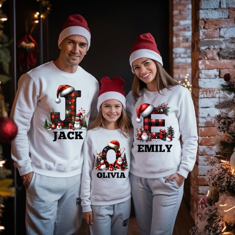 Matching Family Christmas Sweatshirts, Personalized Letter Shirts, Family Holiday Family Tops, Christmas Crewneck, Christmas Family Tshirt