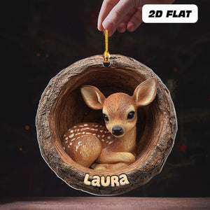 Personalized 2d Flat Name Woodland Deer Ornament, Cute Baby Deer Xmas Tree Decor, Rustic Wild Animal Ornament, Forest Lover Holiday Keepsake