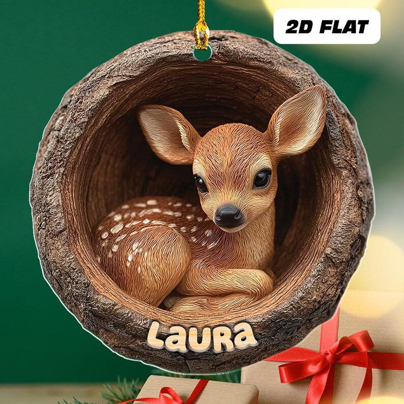 Personalized 2d Flat Name Woodland Deer Ornament, Cute Baby Deer Xmas Tree Decor, Rustic Wild Animal Ornament, Forest Lover Holiday Keepsake