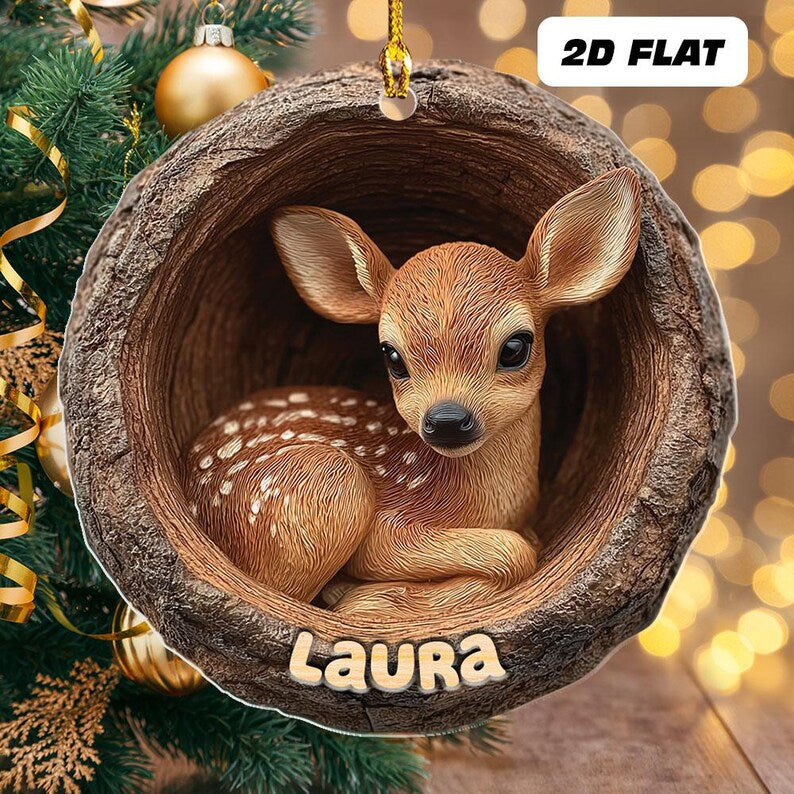Personalized 2d Flat Name Woodland Deer Ornament, Cute Baby Deer Xmas Tree Decor, Rustic Wild Animal Ornament, Forest Lover Holiday Keepsake