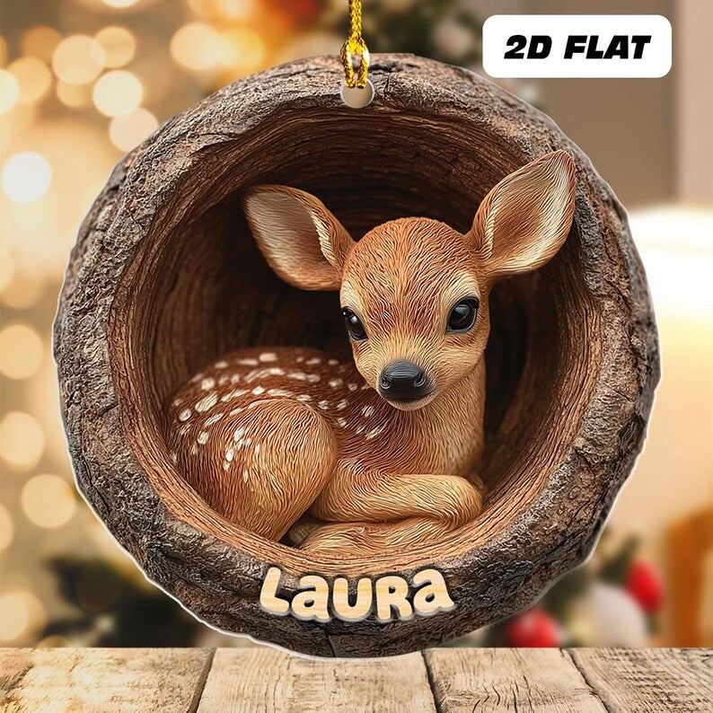 Personalized 2d Flat Name Woodland Deer Ornament, Cute Baby Deer Xmas Tree Decor, Rustic Wild Animal Ornament, Forest Lover Holiday Keepsake