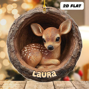 Personalized 2d Flat Name Woodland Deer Ornament, Cute Baby Deer Xmas Tree Decor, Rustic Wild Animal Ornament, Forest Lover Holiday Keepsake