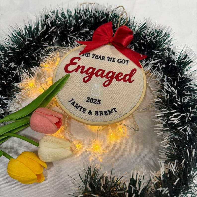 Embroidered First Christmas Married Ornament, Personalized The Year We Got Engaged, Custom Engagement Gifts, Personalized Keepsake Globe