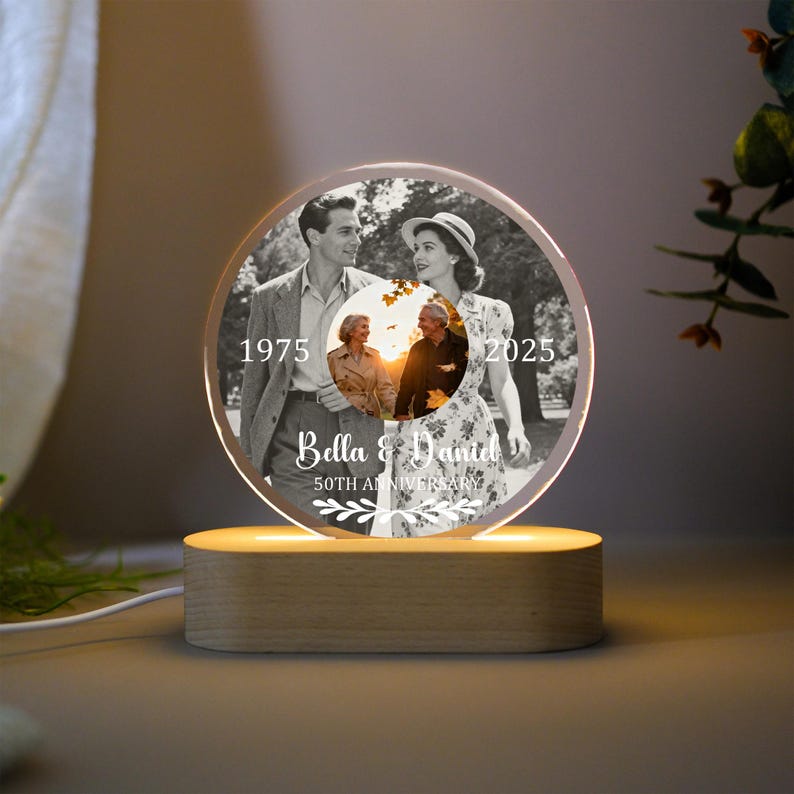 Personalized Then and Now Photo Night Light, 50th Anniversary LED Lamp, Golden Wedding Keepsake, Anniversary Gifts for Parents, Xmas Gifts
