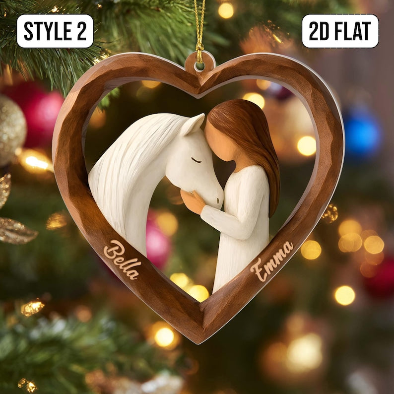 Personalized 2D Flat Faux Wood - Carving Horse Lover Acrylic Ornament Custom Girl and Horse Heart Ornament, Keepsake Gift for Equestrians