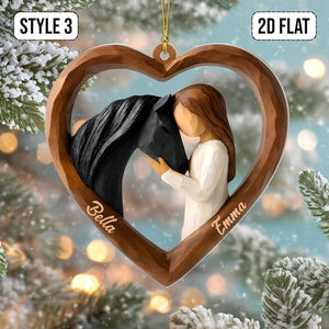 Personalized 2D Flat Faux Wood - Carving Horse Lover Acrylic Ornament Custom Girl and Horse Heart Ornament, Keepsake Gift for Equestrians