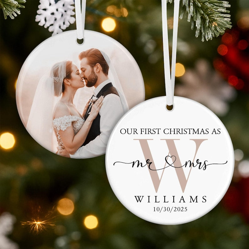 Personalized First Christmas Married Ornament, Custom Photo Couple Ornament, Our First Christmas As Mr & Mrs Ornament, Gift for Newlywed