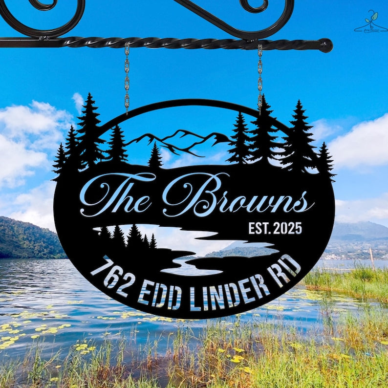 Personalized Mountain Cabin Metal Sign, Custom Family Name Sign, Rustic Outdoor Lodge Decor, Lake House Address Sign, Cabin Gift for Couples
