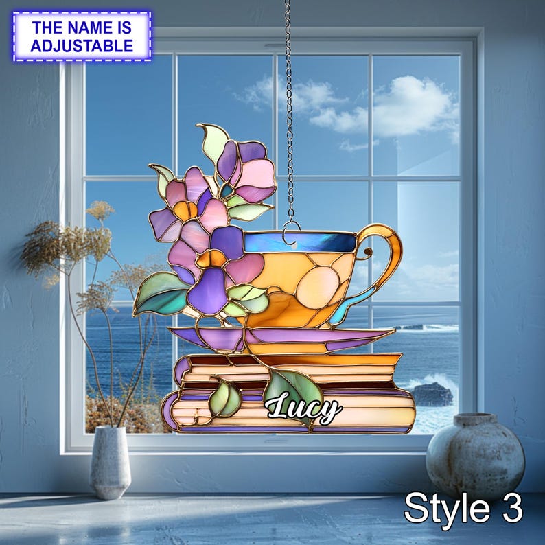Custom Book and Teacup Acrylic Window Hanging Flat 2D Stained Glass Ornament for Readers Personalized Cozy Library Suncatcher