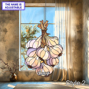 Custom Garlic Bunch Acrylic Window Hanging Flat 2D Personalized Kitchen Acrylic Ornament Rustic Garden Herb Suncatcher Decor
