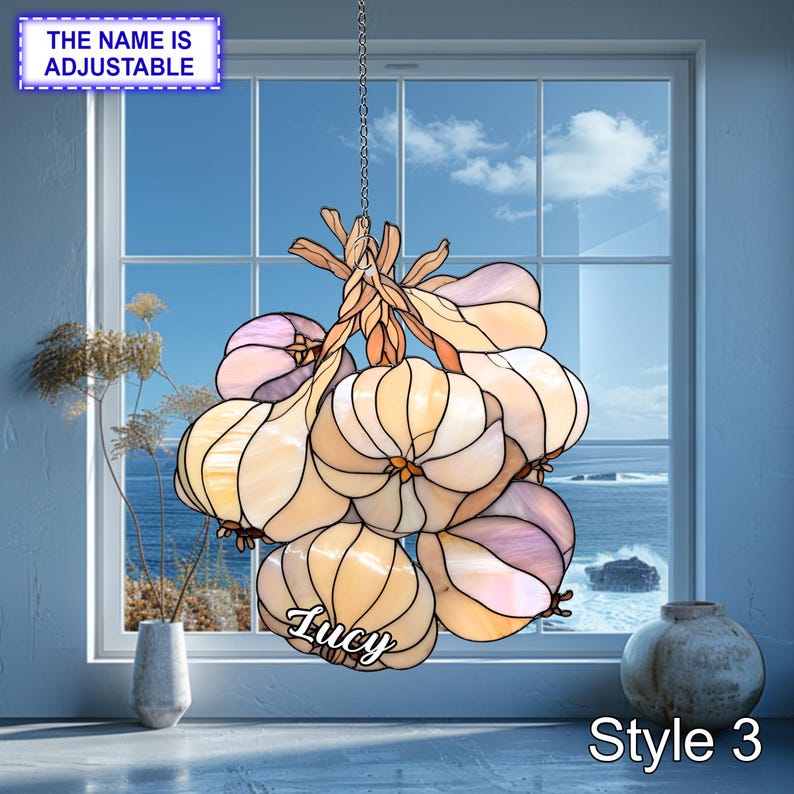 Custom Garlic Bunch Acrylic Window Hanging Flat 2D Personalized Kitchen Acrylic Ornament Rustic Garden Herb Suncatcher Decor