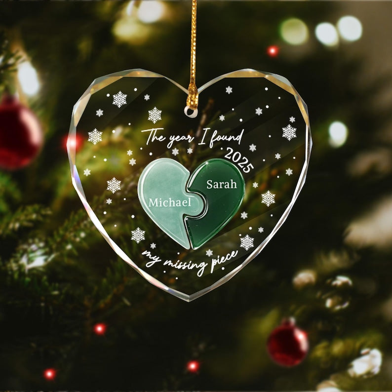 Personalized Couple's Heart Ornament with Custom Names & Date, Missing Piece Engagement Anniversary Christmas Valentine's Day Gift for Him Her, Our 1st Xmas