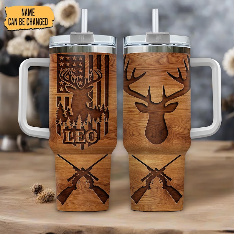 Deer Hunter Personalized 40oz Tumbler with Handle Stainless Steel Insulated Cup Rustic Gift for Dad, Husband & Outdoor Lovers