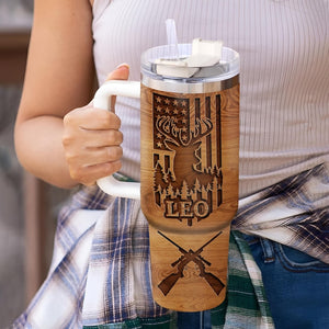 Deer Hunter Personalized 40oz Tumbler with Handle Stainless Steel Insulated Cup Rustic Gift for Dad, Husband & Outdoor Lovers