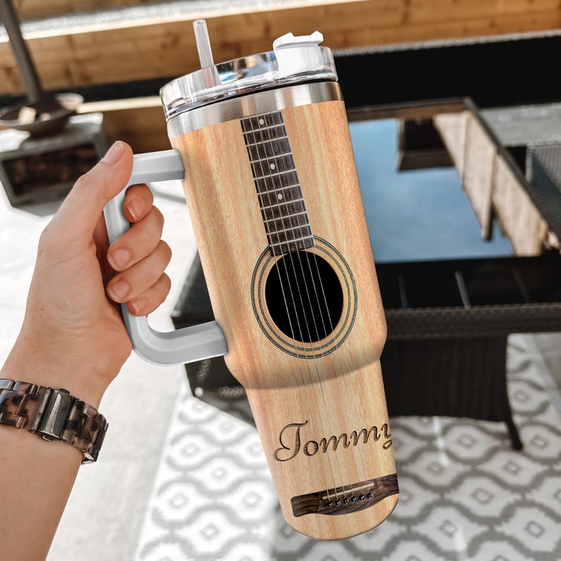 Guitar Player Personalized 40oz Tumbler with Handle Stainless Steel Insulated Cup Music Lover Gift for Guitarists & Musicians