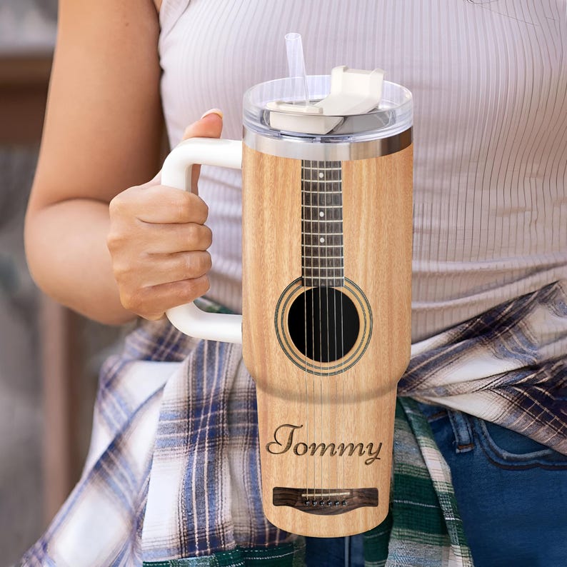 Guitar Player Personalized 40oz Tumbler with Handle Stainless Steel Insulated Cup Music Lover Gift for Guitarists & Musicians