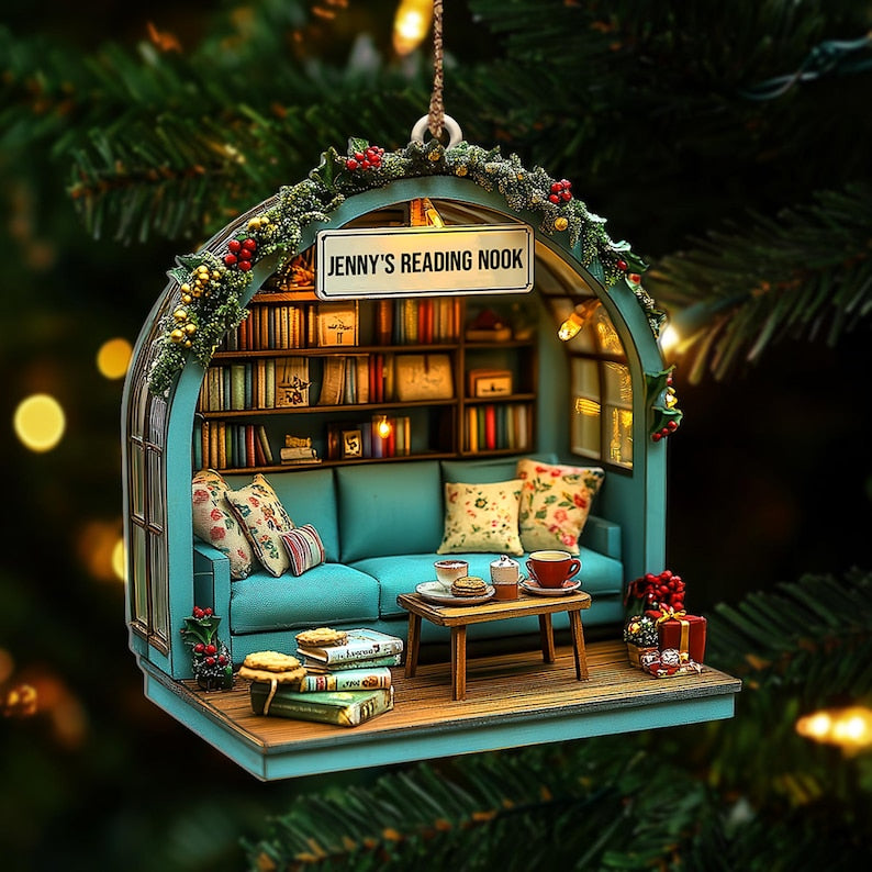 Personalized Reading Nook Ornament, Miniature Book Lover Gift, Cozy Library Diorama Christmas Tree Decoration
