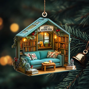 Personalized Reading Nook Ornament, Miniature Book Lover Gift, Cozy Library Diorama Christmas Tree Decoration