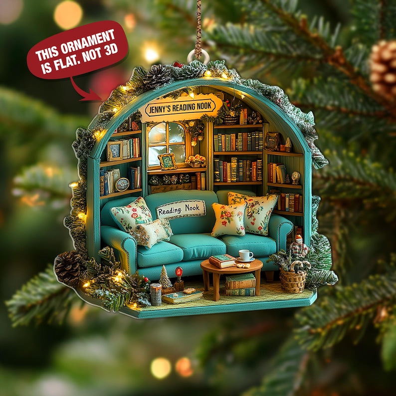 Personalized Reading Nook Ornament, Miniature Book Lover Gift, Cozy Library Diorama Christmas Tree Decoration
