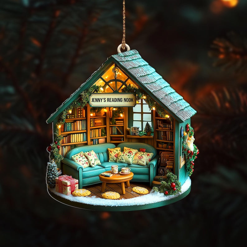 Personalized Reading Nook Ornament, Miniature Book Lover Gift, Cozy Library Diorama Christmas Tree Decoration