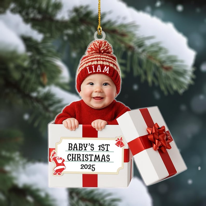 Personalized Baby Photo Christmas Ornament, my first christmas ornament, Baby Christmas Gift Box 2D Flat Acrylic Ornament
