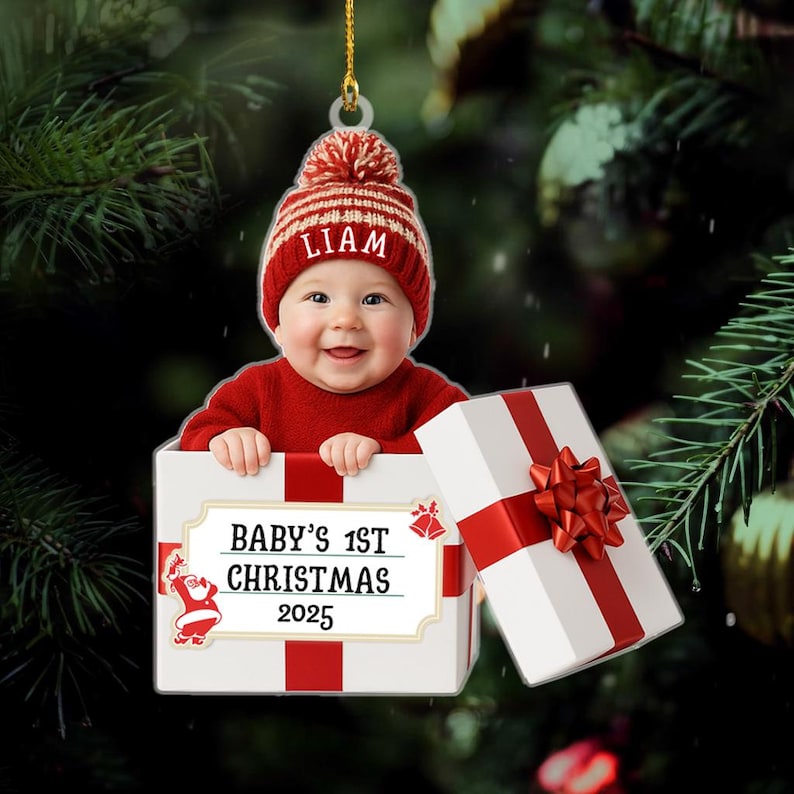 Personalized Baby Photo Christmas Ornament, my first christmas ornament, Baby Christmas Gift Box 2D Flat Acrylic Ornament
