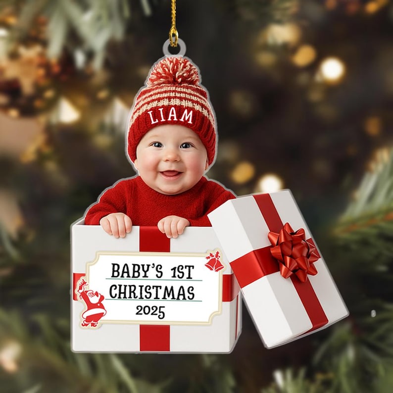 Personalized Baby Photo Christmas Ornament, my first christmas ornament, Baby Christmas Gift Box 2D Flat Acrylic Ornament