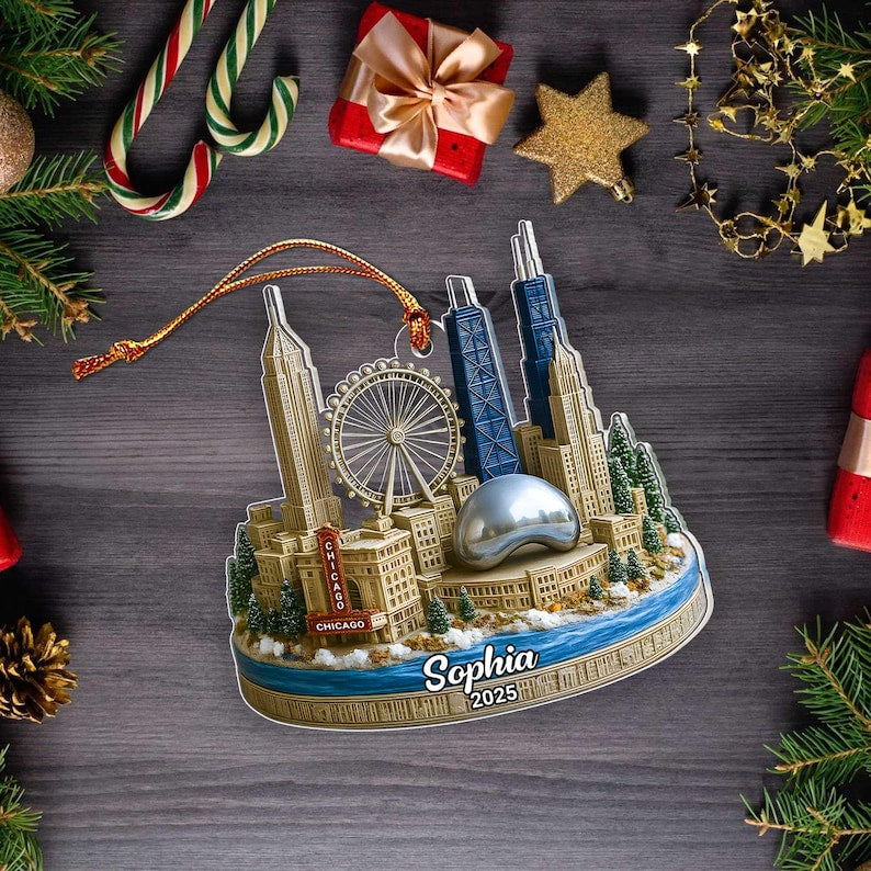 Custom Chicago City Acrylic Ornament 2D Flat, Skyline Landmark Christmas Ornament, Travel Souvenir Gift 2025, Chicago City Travel Gift