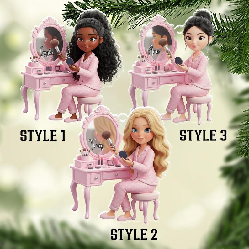 Personalized Makeup Girl Ornament Custom Name Vanity Table Pajama Style Christmas Gift