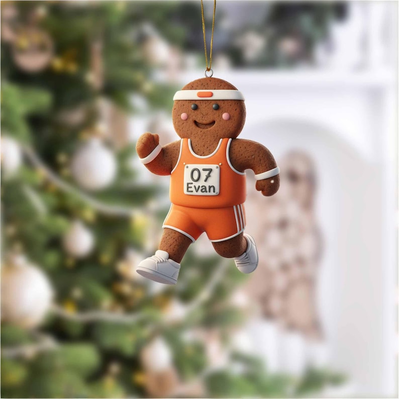 Custom Name Track Runner Gingerbread Ornament: Brunette Girl, Marathon Keepsake, Personalized Runner Ornament 2025