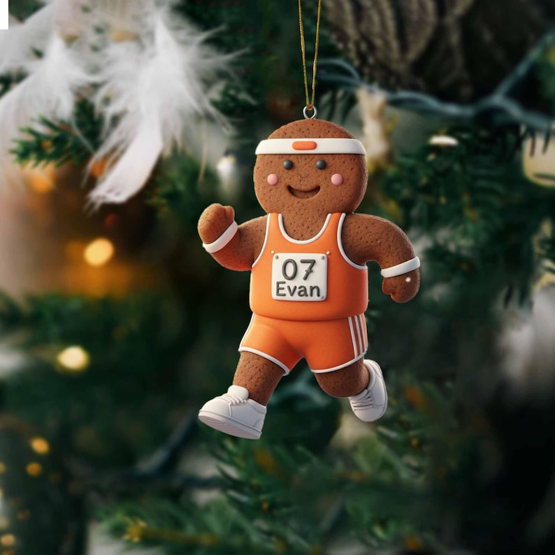 Custom Name Track Runner Gingerbread Ornament: Brunette Girl, Marathon Keepsake, Personalized Runner Ornament 2025