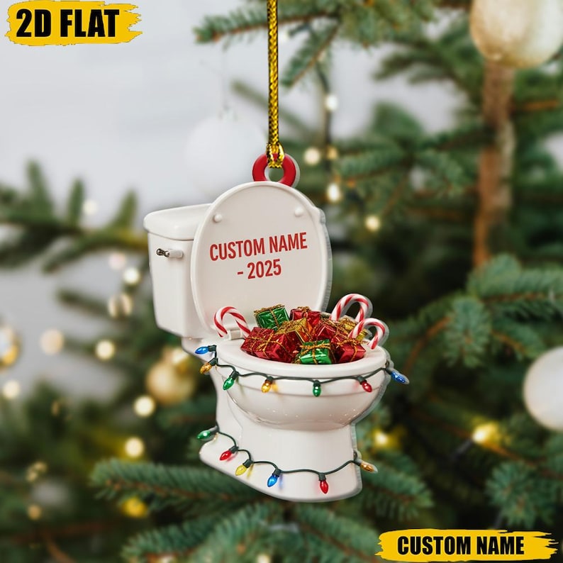 Funny Toilet Christmas Ornament 2025, Personalized Custom Name 2D Flat Xmas Decoration, Unique Gag Gift Idea for Holiday Tree