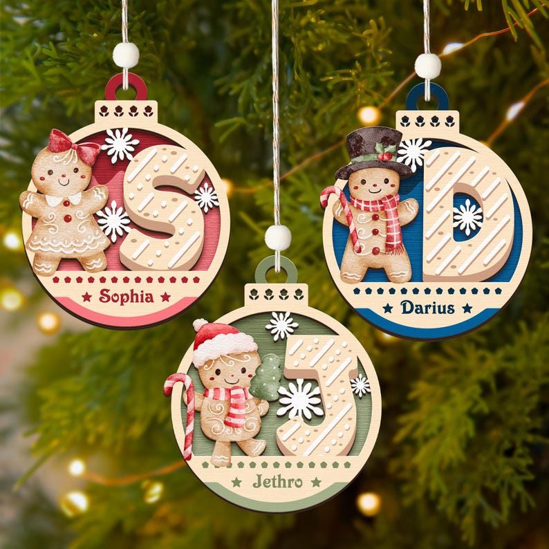 Personalized Gingerbread Christmas Ornament, Wooden name tags, Letter Name Ornament, Custom Gnome Family ornament Gift, Xmas Gift For Kids.
