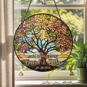 Personalized Tree of Life Anniversary Suncatcher With Name & Date, Custom 50th Wedding Anniversary Stained Glass Gift For Parents