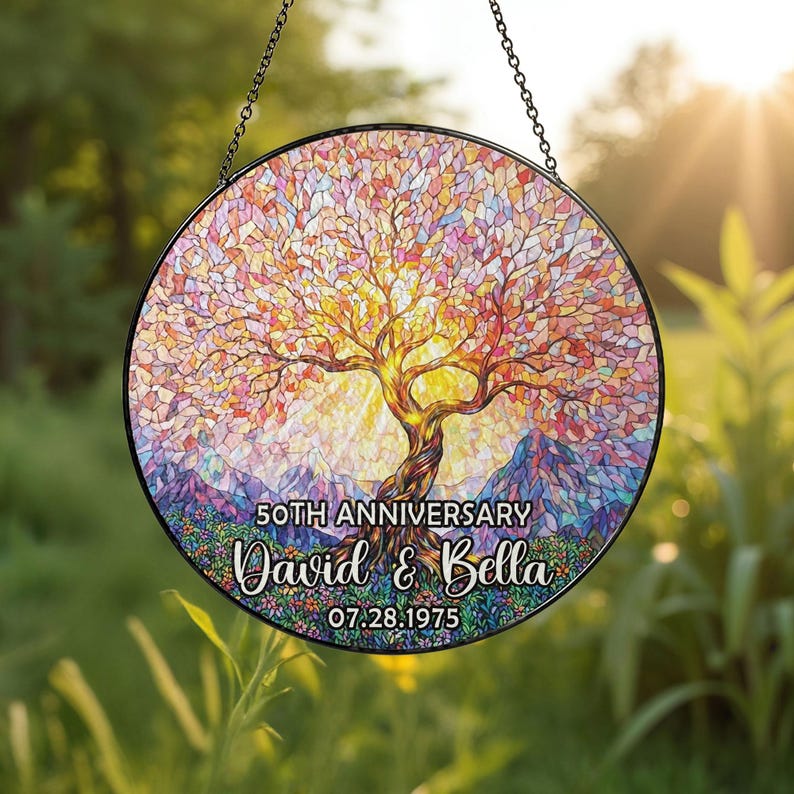 Personalized Tree of Life Anniversary Suncatcher With Name & Date, Custom 50th Wedding Anniversary Stained Glass Gift For Parents