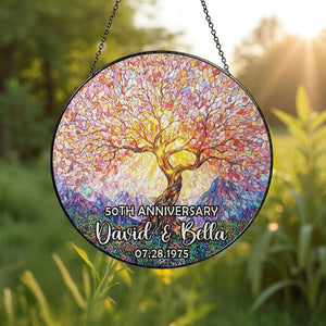Personalized Tree of Life Anniversary Suncatcher With Name & Date, Custom 50th Wedding Anniversary Stained Glass Gift For Parents
