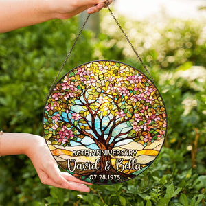 Personalized Tree of Life Anniversary Suncatcher With Name & Date, Custom 50th Wedding Anniversary Stained Glass Gift For Parents