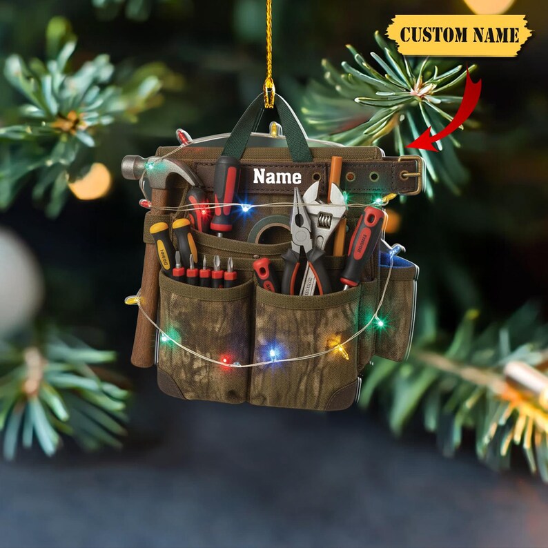 Personalized Tool Belt 2D Flat Ornament, Custom Name Christmas Ornament for Carpenter, Handyman Gift, Construction Worker Holiday Decor