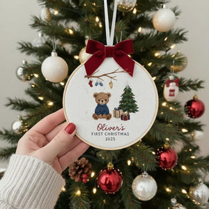 Personalized Baby’s First Christmas Embroidered Ornament, Custom Newborn Keepsake, Baby Girl Ornament, Handmade New Baby Gift