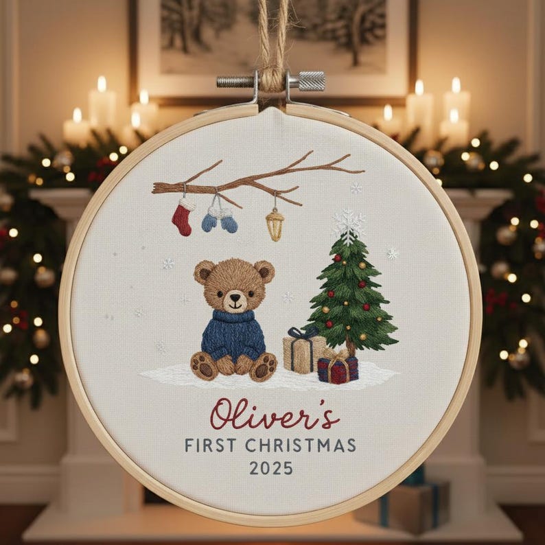 Personalized Baby’s First Christmas Embroidered Ornament, Custom Newborn Keepsake, Baby Girl Ornament, Handmade New Baby Gift