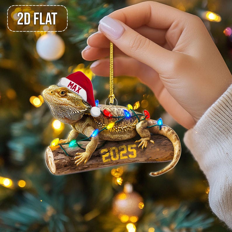 Personalized 2D Flat Bearded Dragon Christmas Ornament, Custom Name Pet Lizard Ornament Gift for Reptile Owners