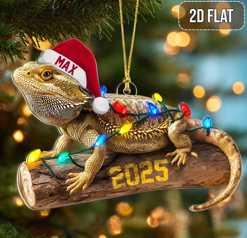 Personalized 2D Flat Bearded Dragon Christmas Ornament, Custom Name Pet Lizard Ornament Gift for Reptile Owners